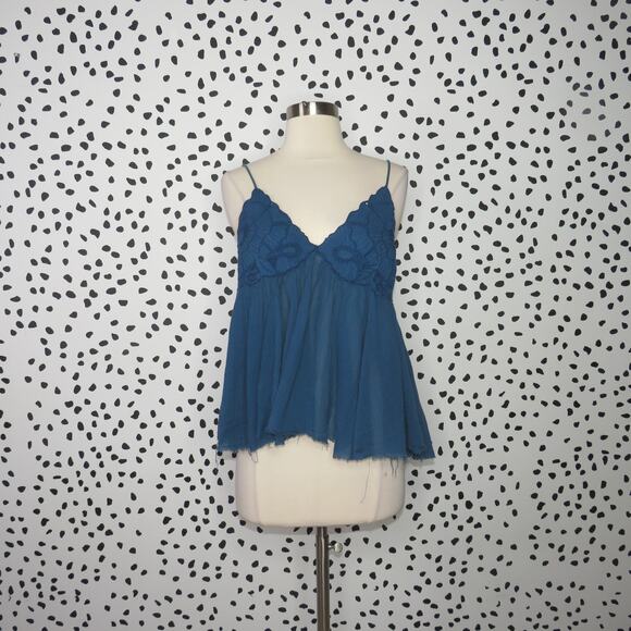 Free People Blue Boho Embroidered Strappy Cutwork Swing Tank - Picture 2 of 10